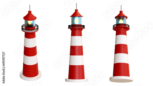 3D rendering of a set of lighthouses collection, nautical navigation light tower, beacon and light symbol, marine seaside architecture, lighthouse nautical to navigation