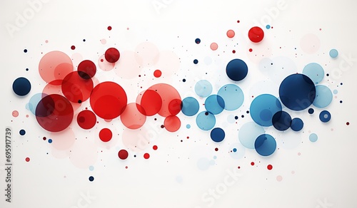 Abstract artistic composition with red, blue and white circles and splashes on a light background