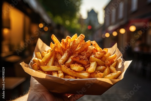 French fries in a paper package box on the street background.