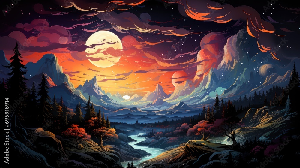Fototapeta premium Milky Way Galaxy Mountain Stars Space, Background Banner HD, Illustrations , Cartoon style