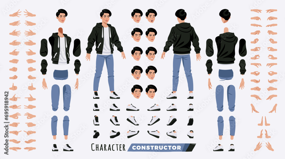 Asian guy, korean man, male character DIY constructor. Good-looking K-pop boy in cute hoodie, jeans casual outfit. Head, leg, hand gestures, different face emotions. Vector cartoon construction kit - obrazy, fototapety, plakaty 