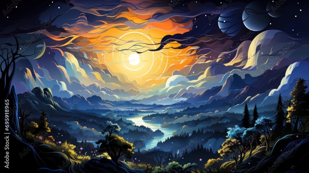 Fototapeta premium Milky Way Galaxy Mountain Stars Space, Background Banner HD, Illustrations , Cartoon style