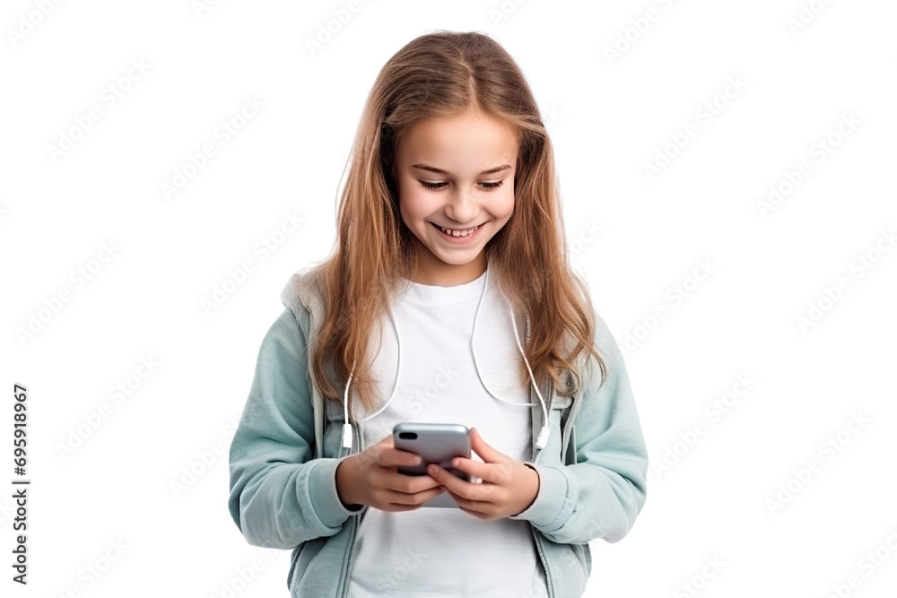 Young girl holding smartphone. Smiling. student clothes. white background PNG Young girl holding smartphone. Smiling. student clothes. white background PNG