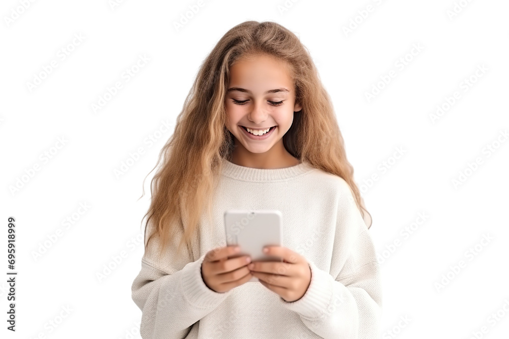 Young girl holding smartphone. Smiling. student clothes. white background PNG Young girl holding smartphone. Smiling. student clothes. white background PNG