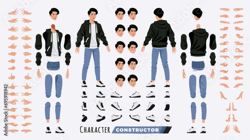 Asian guy, korean man, male character DIY constructor. Good-looking K-pop boy in cute hoodie, jeans casual outfit. Head, leg, hand gestures, different face emotions. Vector cartoon construction kit photo