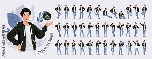 Asian guy, korean man in cute hoodie, blue jeans male character set. Casual outfit fashion beauty industry cool idol poses, good-looking K-pop boy bundle, korea masculinity style kit. Vector cartoon