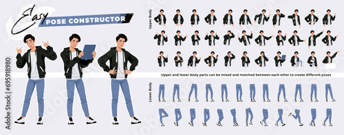 Asian guy, korean man, hoodie, jeans character easy pose constructor. Fashion industry male idol, good-looking K-pop model drag drop set, body match figure building. Vector cartoon construction kit photo