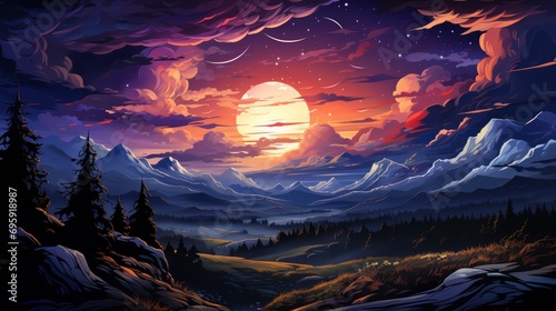 Milky Way Galaxy Over Mountain Night, Background Banner HD, Illustrations , Cartoon style