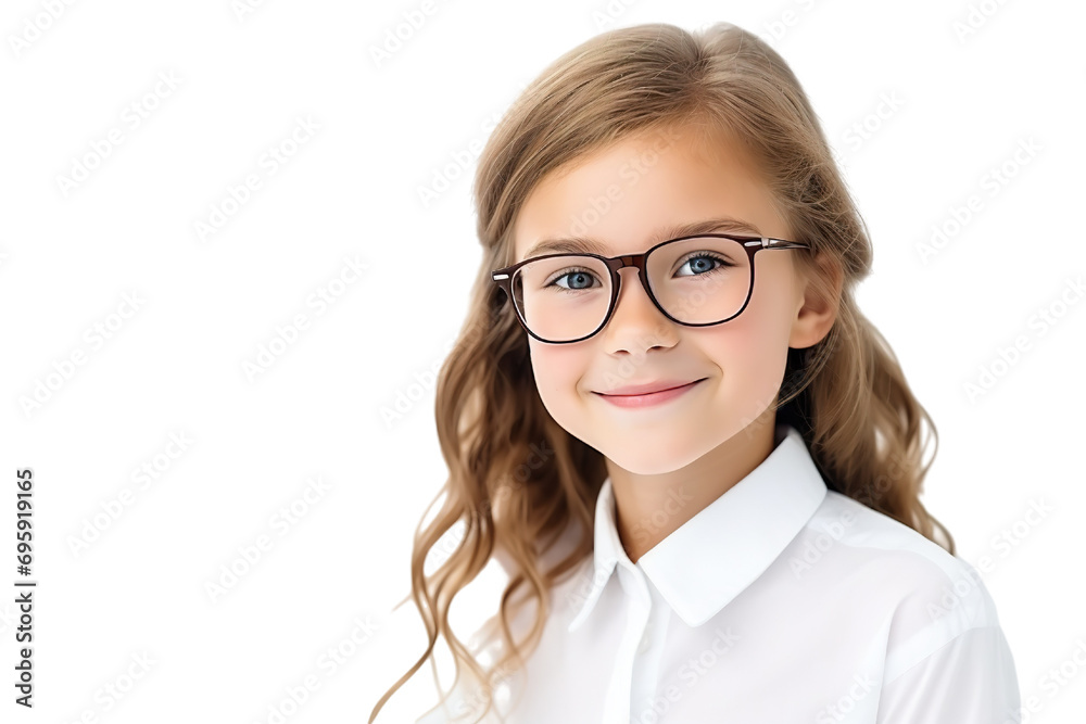 Cinematic scene.Young girl with eyeglasses. Smiling. student clothes. white background PNG