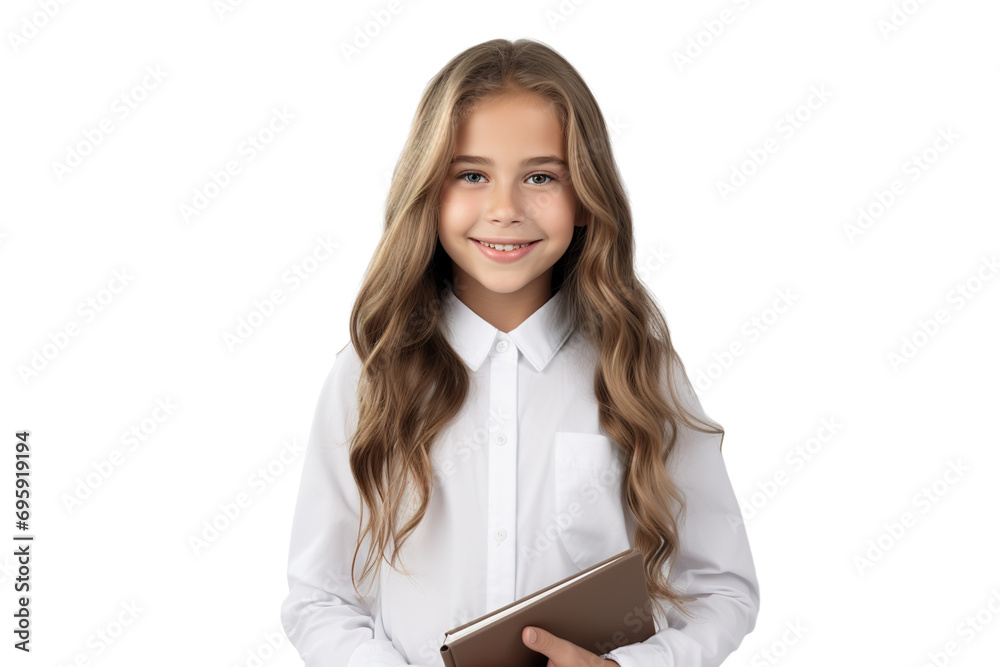 Cinematic scene.Young girl holding book. Smiling. student clothes. white background PNG Cinematic scene.Young girl holding book. Smiling. student clothes. white background PNG