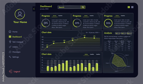 The picture shows a modern interface for a website or mobile application. Design elements include buttons, icons, and components.