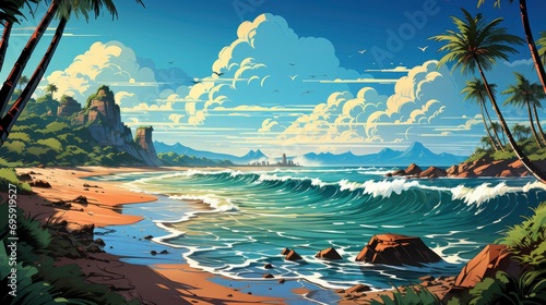 Nature Tropical Beach Sea Beautiful Blue, Background Banner HD, Illustrations , Cartoon style