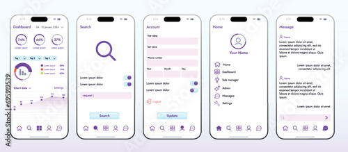 This image shows the concept of a mobile app for online services such as banking and shopping. Modern smartphone layout, easy to interact with various functions.