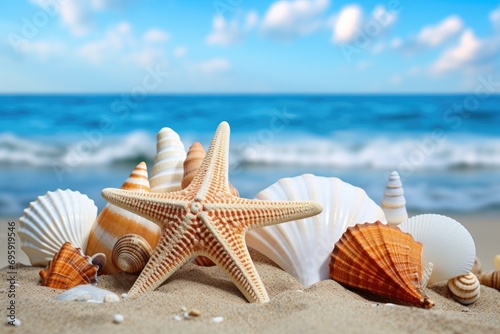 Seashells and starfish on seashore in tropical beach. Generative AI photo