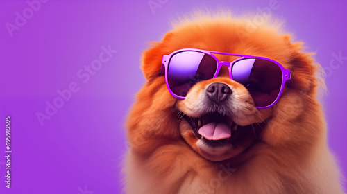 dog chow chow with purple sunglasses, fun portrait, purple background