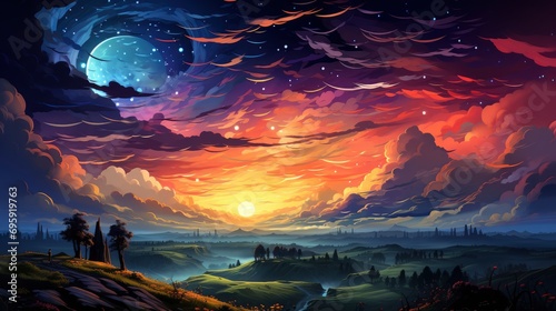 Night Sky Full Stars Sunrise, Background Banner HD, Illustrations , Cartoon style © Alex Cuong