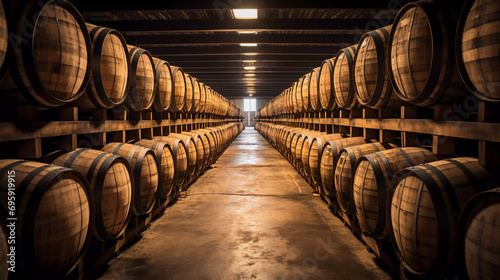 Whiskey bourbon scotch wine barrels in an aging facility 