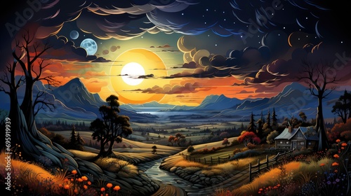 Night Sky Over Rural Landscape Beautiful, Background Banner HD, Illustrations , Cartoon style