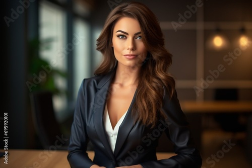 Business, young woman, formal suit, in a modern office setting