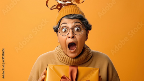 senior woman giving shocking expression with gift box © PRASANNAPIX