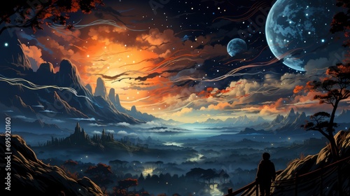 Night Sky Thousand Star Gazing, Background Banner HD, Illustrations , Cartoon style © Alex Cuong