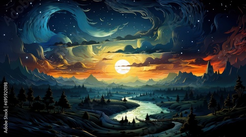 Night Starry Sky Taken Ukraine, Background Banner HD, Illustrations , Cartoon style © Alex Cuong