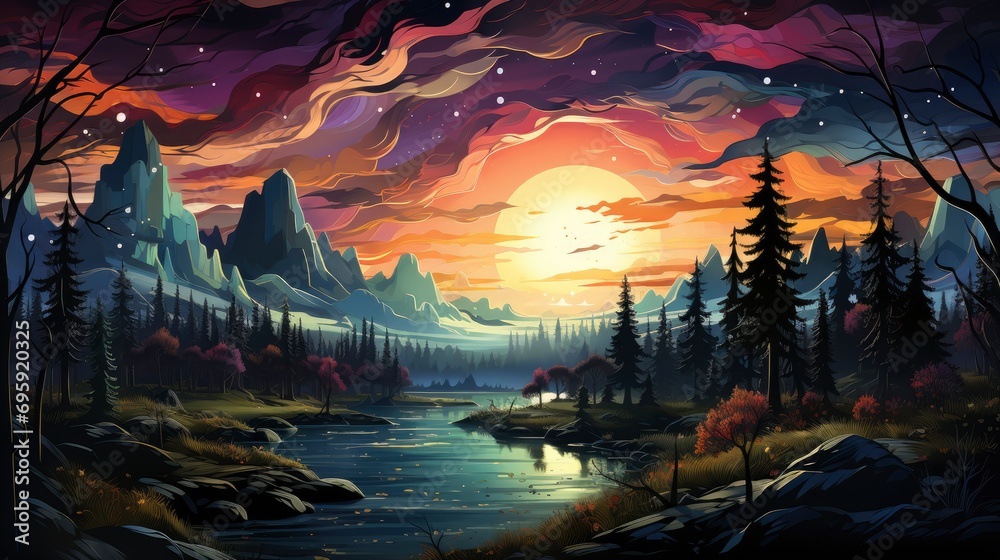 Northern Lights Over Snowy Mountains, Background Banner HD, Illustrations , Cartoon style