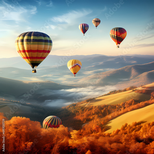 Hot air balloons drifting over rolling hills blanketed in autumn hues
