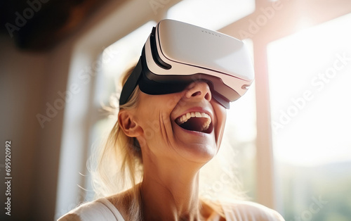 Senior man using virtual reality glasses