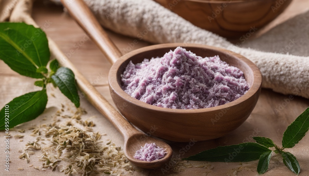A wooden bowl of purple powder with a spoon in it A wooden bowl of purple powder with a spoon in it