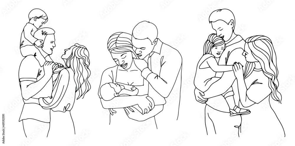 Vector art line sketch family, father, mother and child.