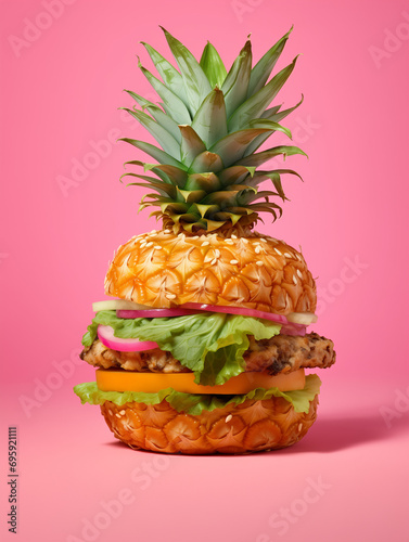 A pineapple shaped burger on a pink background, in the style of surreal still life compositions. Minimal food concept.