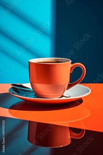 modern orange cup of coffee on orange tabletop  against blue background with shadows. Generative AI