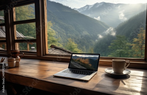 beautiful view from the window of a mountain house with a laptop on a wooden table. Winter holidays with occasional teleworking concept. Generative AI