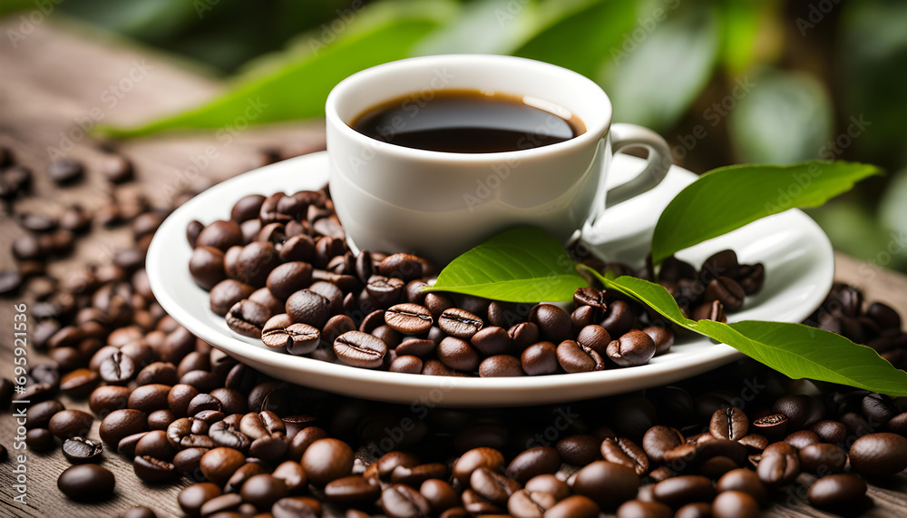 Fototapeta premium coffee cup with coffee beans, roaster, organic coffee, leaves and nature, premium coffee, porcelain cup, espresso, americano, homemade brew, high quality coffee, outside in nature