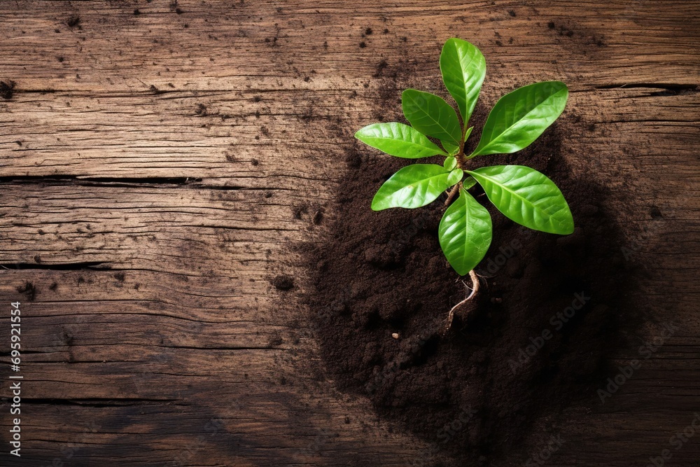 Naklejka premium Plant leaves transplantation, little tree, ground, roots, wooden background, copy space, space for text, spring gardening, botanical, floral, herbs growing