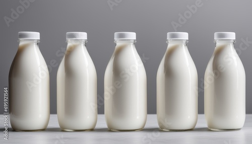 Five milk bottles lined up on a table