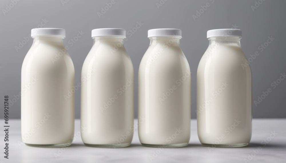 Four glass milk bottles lined up on a table Four glass milk bottles lined up on a table