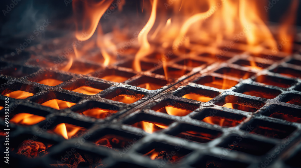 Macro close-up of a flaming black grill, with fire, smoke and fire sparks. Metal grill for grilling meat and food at an outdoor picnic. - obrazy, fototapety, plakaty 