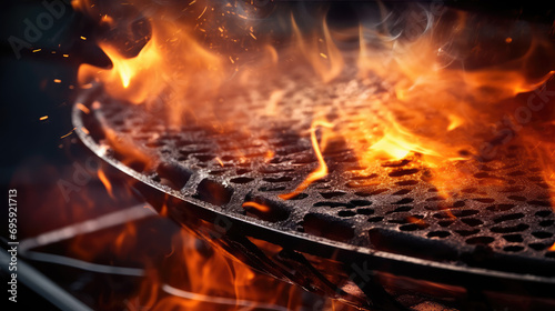 Macro close-up of a flaming portable black grill with fire  smoke and fire sparks. Metal grill for grilling meat and food at an outdoor picnic.