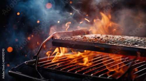 Macro close-up of a flaming black grill for party with fire, smoke and fire sparks. Metal grill for grilling meat and food at an outdoor picnic.