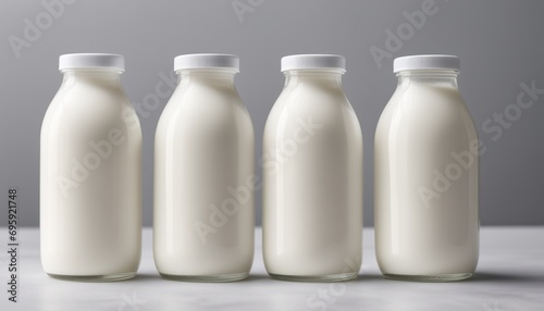Four glass milk bottles lined up on a table