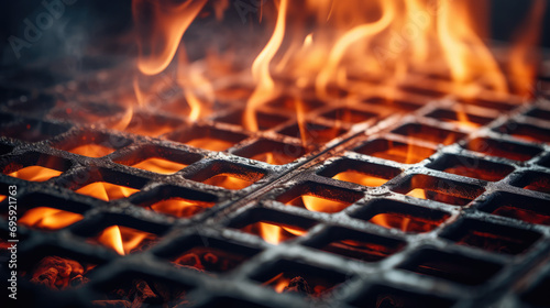 Macro close-up of a flaming black grill, with fire, smoke and fire sparks. Metal grill for grilling meat and food at an outdoor picnic. photo