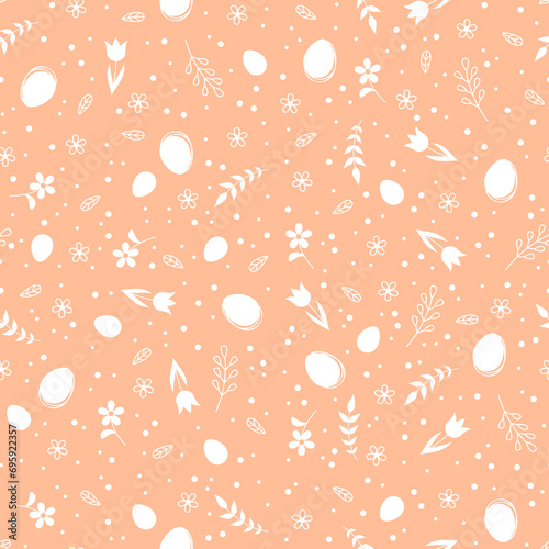 Easter seamless pattern with white flowers, Easter eggs and branches on a peach background. Vector illustration