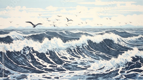 A painting of waves and birds flying over the ocean, AI
