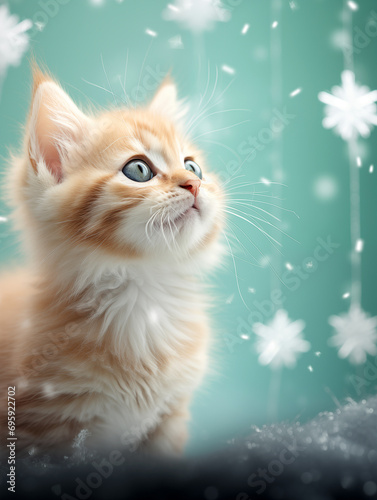 Süße junge Katze mit Schnee und weißen Sternen für Poster im Querformat für Banner, ai generativ