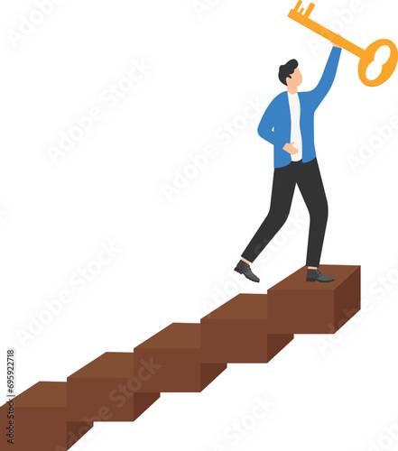 Businessman winner walk up to the top of stairway lifting golden success key to the sky, key to business success, stairway to find big success or achieve career target concept

