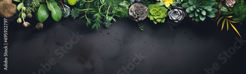 Multicolor leaves tropical plants top view botanical spring plants gardening fresh ecological banner copy space dark background floral design groing plants care herbs