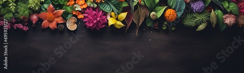 Multicolor leaves tropical plants top view botanical spring plants gardening fresh ecological banner copy space dark background floral design groing plants care herbs