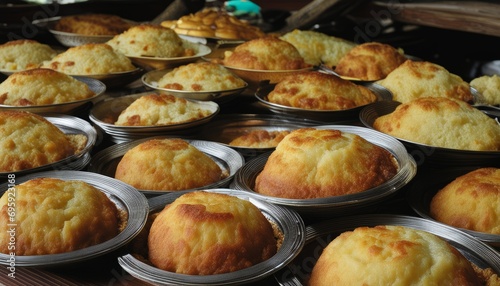 A large number of muffins in silver pans